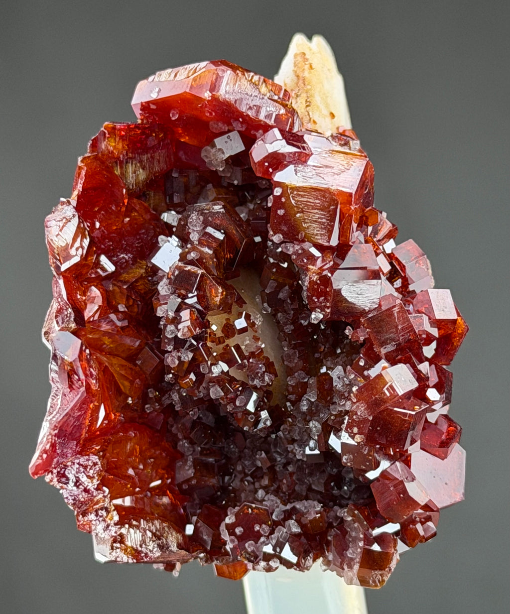 Lustrous Red Vanadinite with Gypsum & Barite – Rare Feather-Like Crystal Growth Surrounding a Miniature Geode