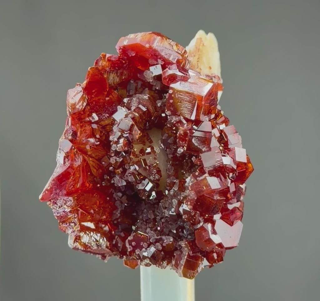 Lustrous Red Vanadinite with Gypsum & Barite – Rare Feather-Like Crystal Growth Surrounding a Miniature Geode