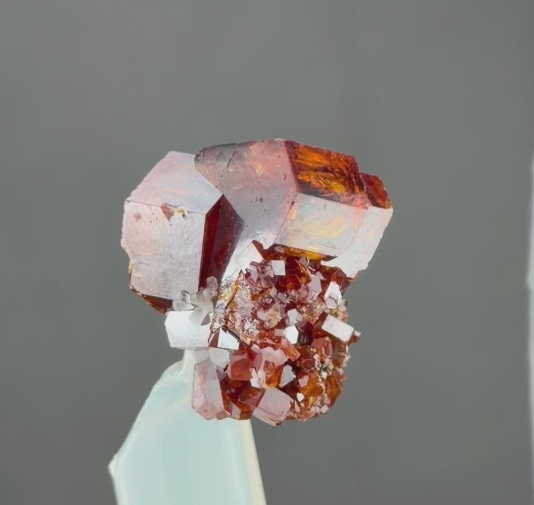 Spectacular Thumbnail Vanadinite – Three Intergrown Ruby-Red Crystals with Brilliant Luster & Fiery Orange Transparency