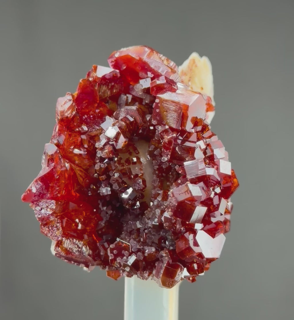 Lustrous Red Vanadinite with Gypsum & Barite – Rare Feather-Like Crystal Growth Surrounding a Miniature Geode